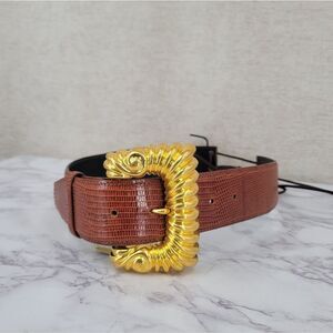 Kleinberg Sherrill Vintage Brown Lizard Embossed Leather Belt Gold Buckle